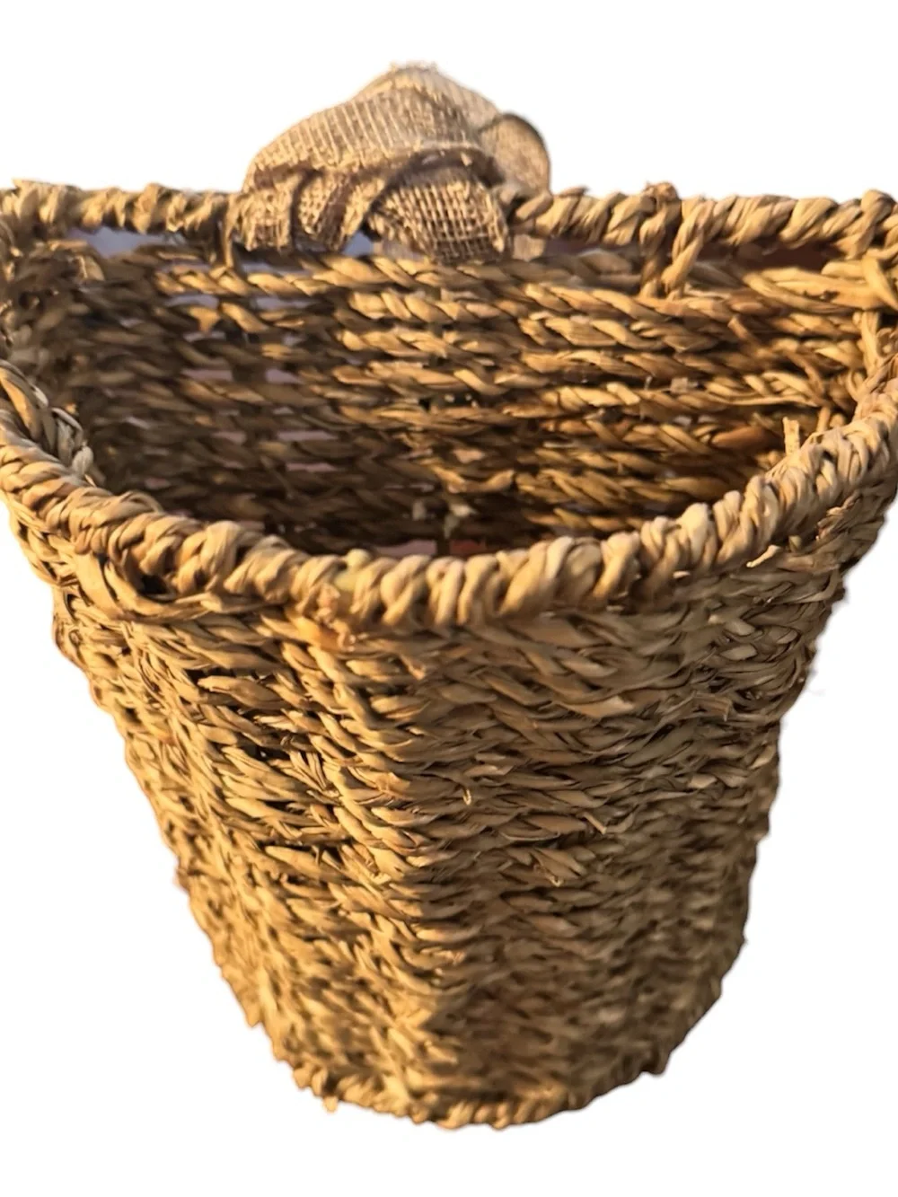 90’s Vintage Rustic Burlap Bow Hanging Woven Seagrass Basket for Flowers 19”
